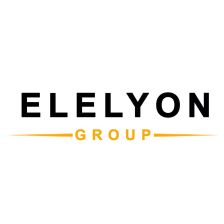 Minimalist bold wordmark logo reading 'ELELYON GROUP' in uppercase, deep blue #0b3d91 and gold #f0b429 on transparent background, clean sans-serif